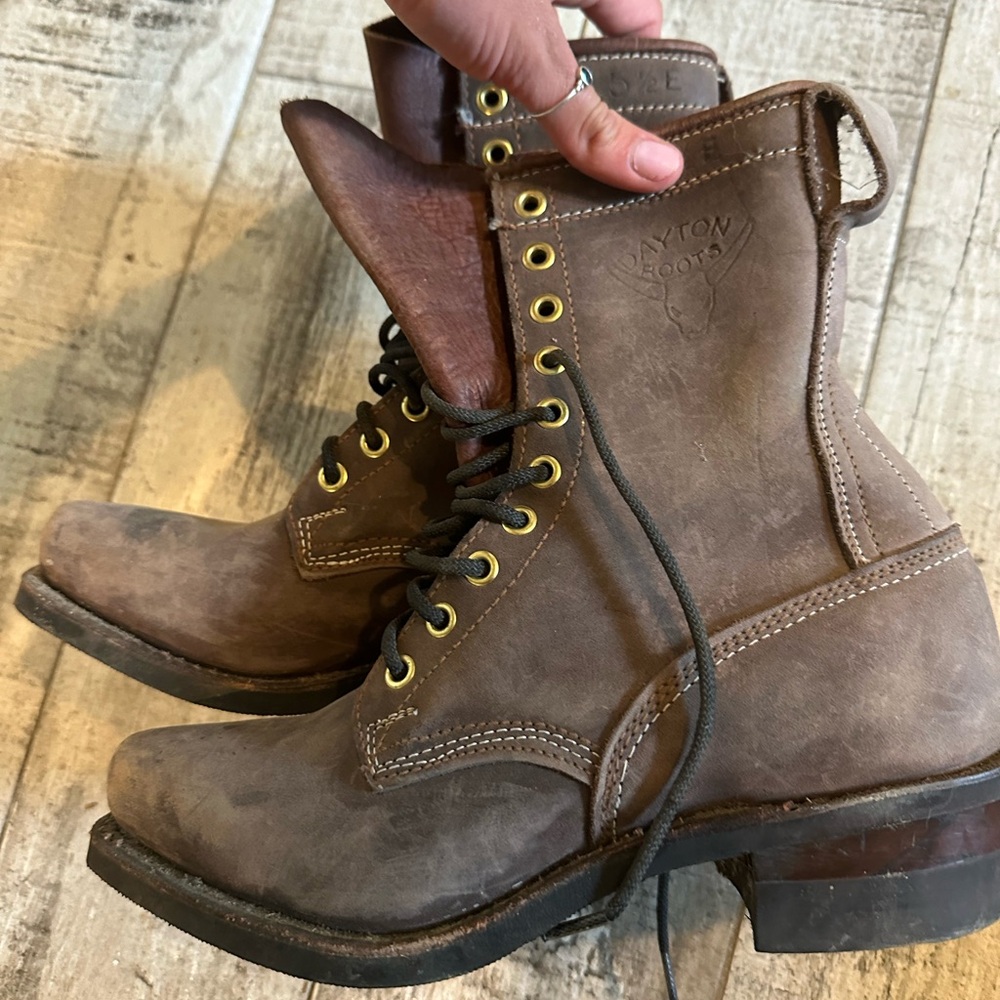 Brown Combat Moto Boots with Distressed Leather and Lace-Up Design